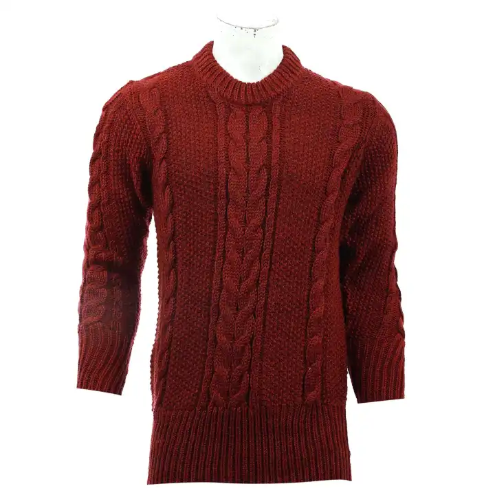 Maroon Woolen Round Neck Full Sleeve Sweater For Men