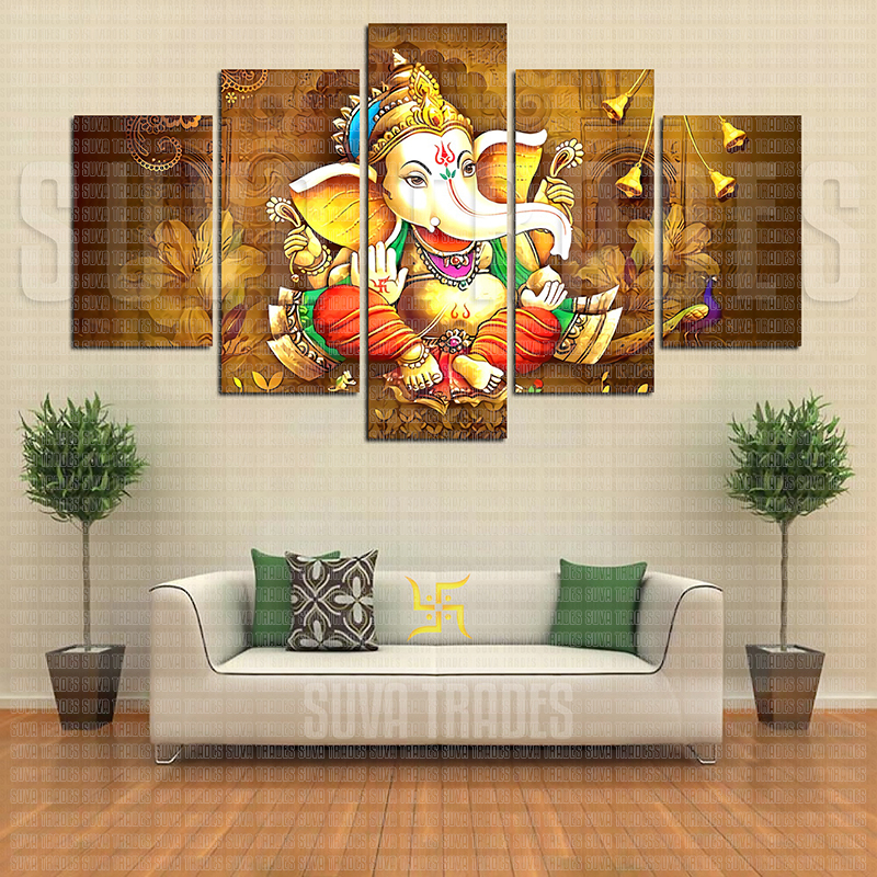 5 Panel Lord Ganesh H7 God Wall Hang Canvas Print With Wooden Frame by Suva Trades