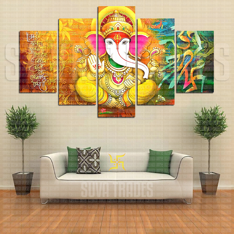 5 Panel Lord Ganesh H6 God Wall Hang Canvas Print With Wooden Frame by Suva Trades