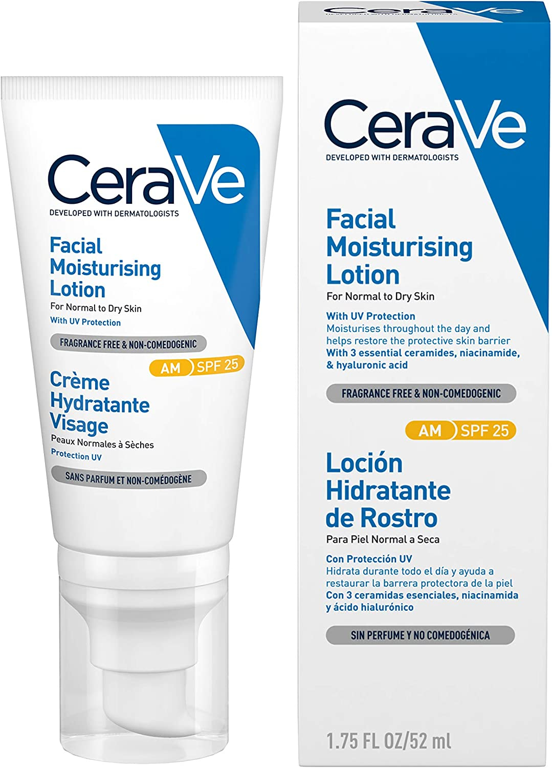 CeraVe AM Facial Moisturising Lotion SPF 25 for Normal to Dry Skin 52ml with UV Protection and 3 Essential Ceramides