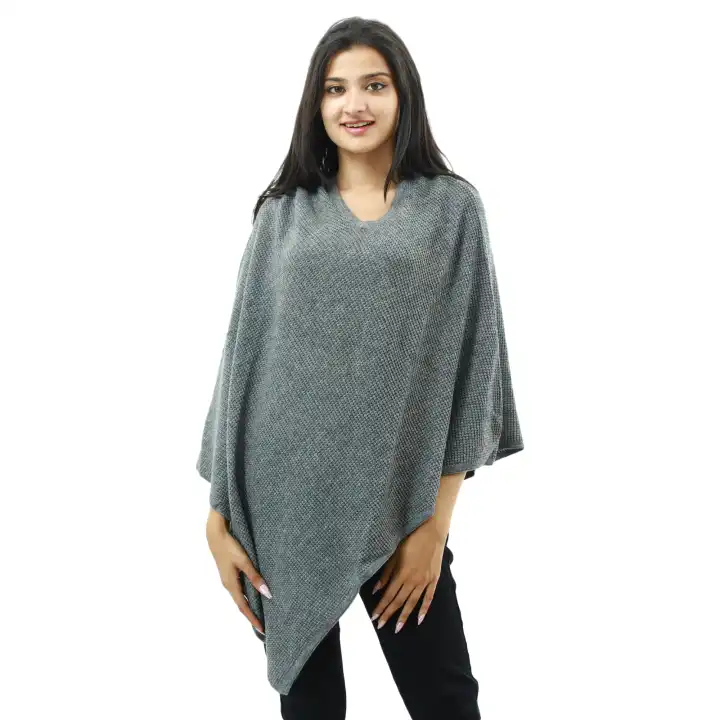 Grey Woolen V-neck Pancho For Women