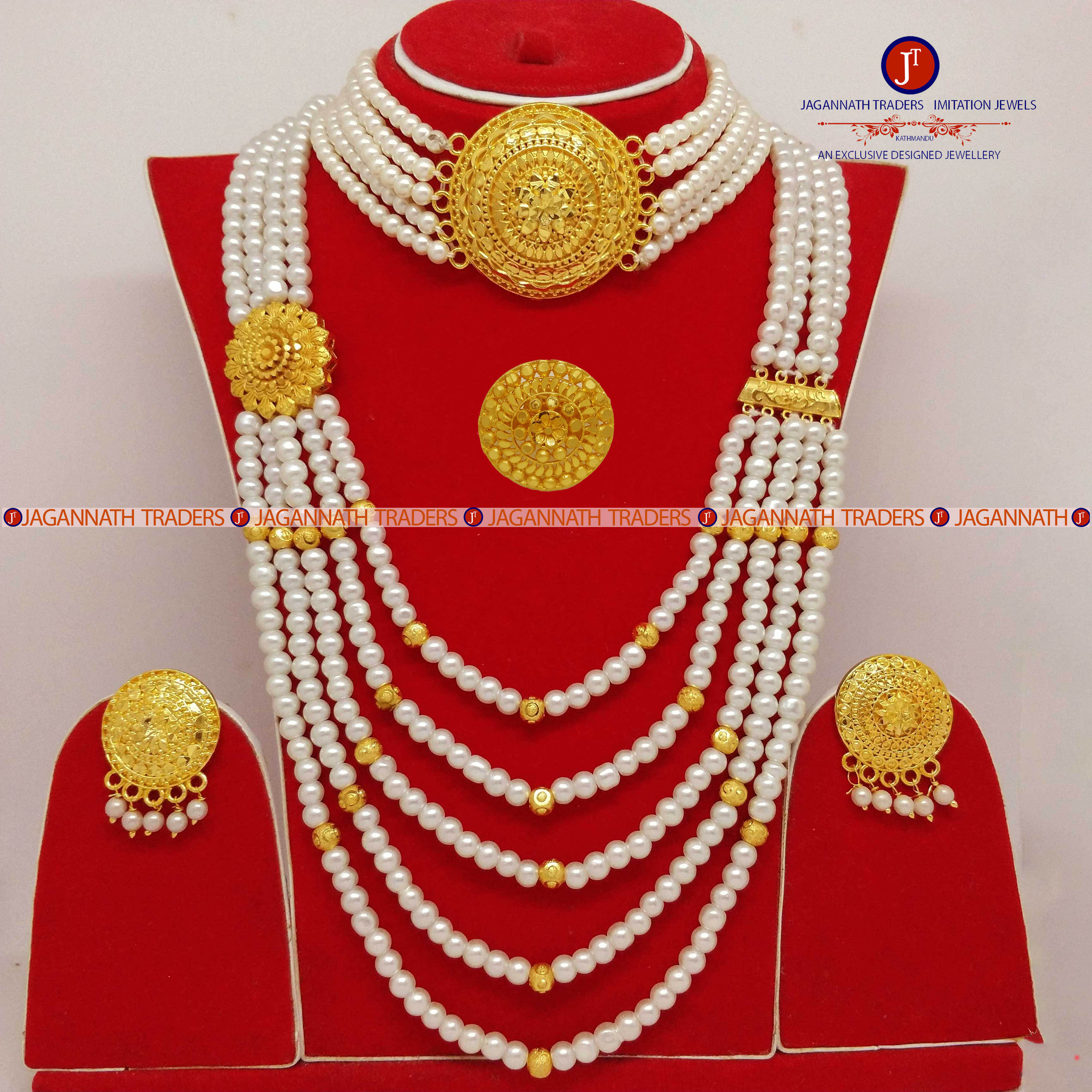 Gold Plated Moti Haar With Choker, Earring And Finger Ring For Women
