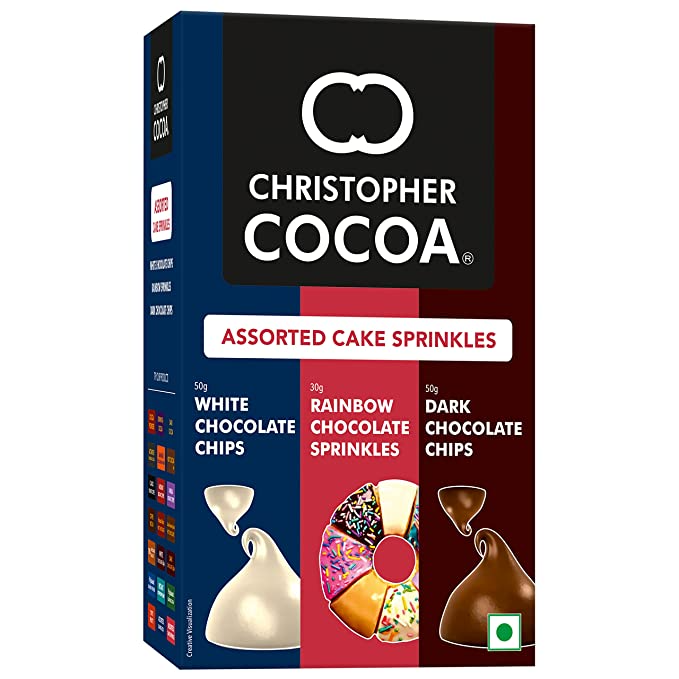 Christopher Cocoa Assorted Cake Sprinkles 130g, (Dark Chocolate Chips 50g, White Chocolate Chips 50g, Rainbow Chocolate sprinkles 30g) (Snack, Topping Ice Cream, Cakes, Baking)