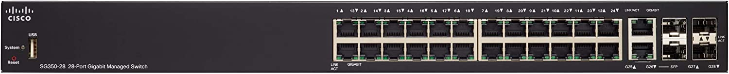 Cisco SG350-28 Managed Switch | 28 Gigabit Ethernet (GbE) Ports | 24 Gigabit Ethernet RJ45 Ports | 2 SFP Slots | 2 Gigabit Ethernet Combo 