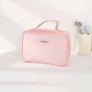 Ximi Vogue Life Clear Mesh Toiletries Storage Organizer Bag with Carrying Strap (Pink)