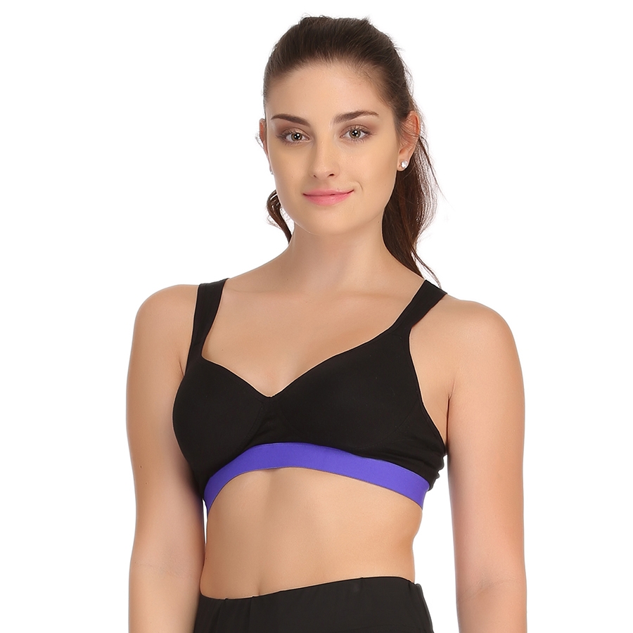 Clovia Cotton Padded Sports Bra In Black With Royal Blue Broad Elastic-BR0565P08