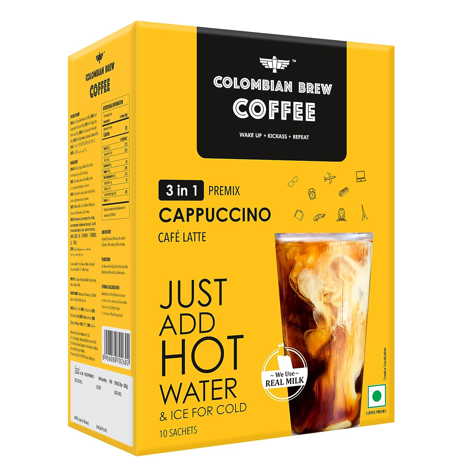 Colombian Brew 3 in 1 Cappuccino Café Latte, Instant Coffee Powder Premix, 10 Sachets 200g