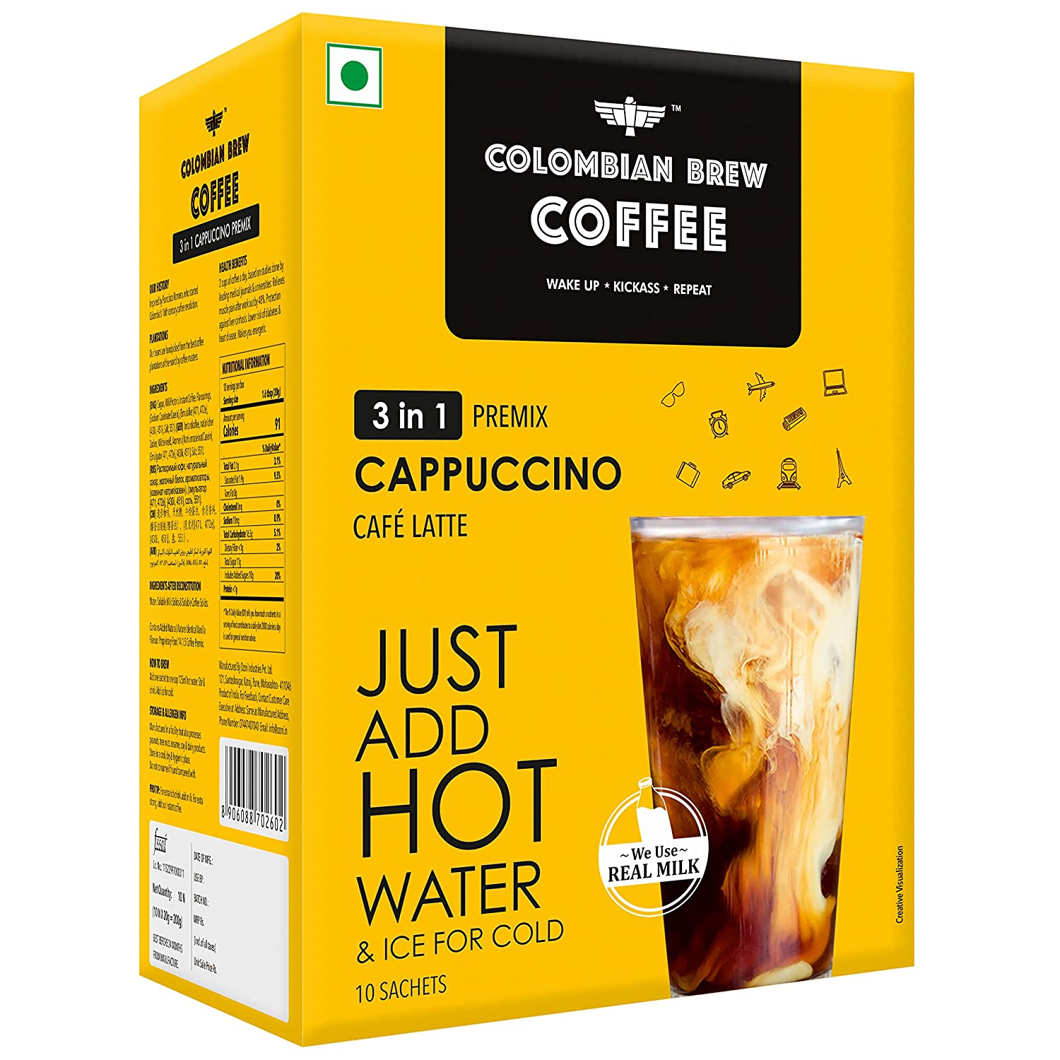 Colombian Brew Cappuccino Café Latte Coffee Premix (3 in 1), 10 Sachets Box, 200g