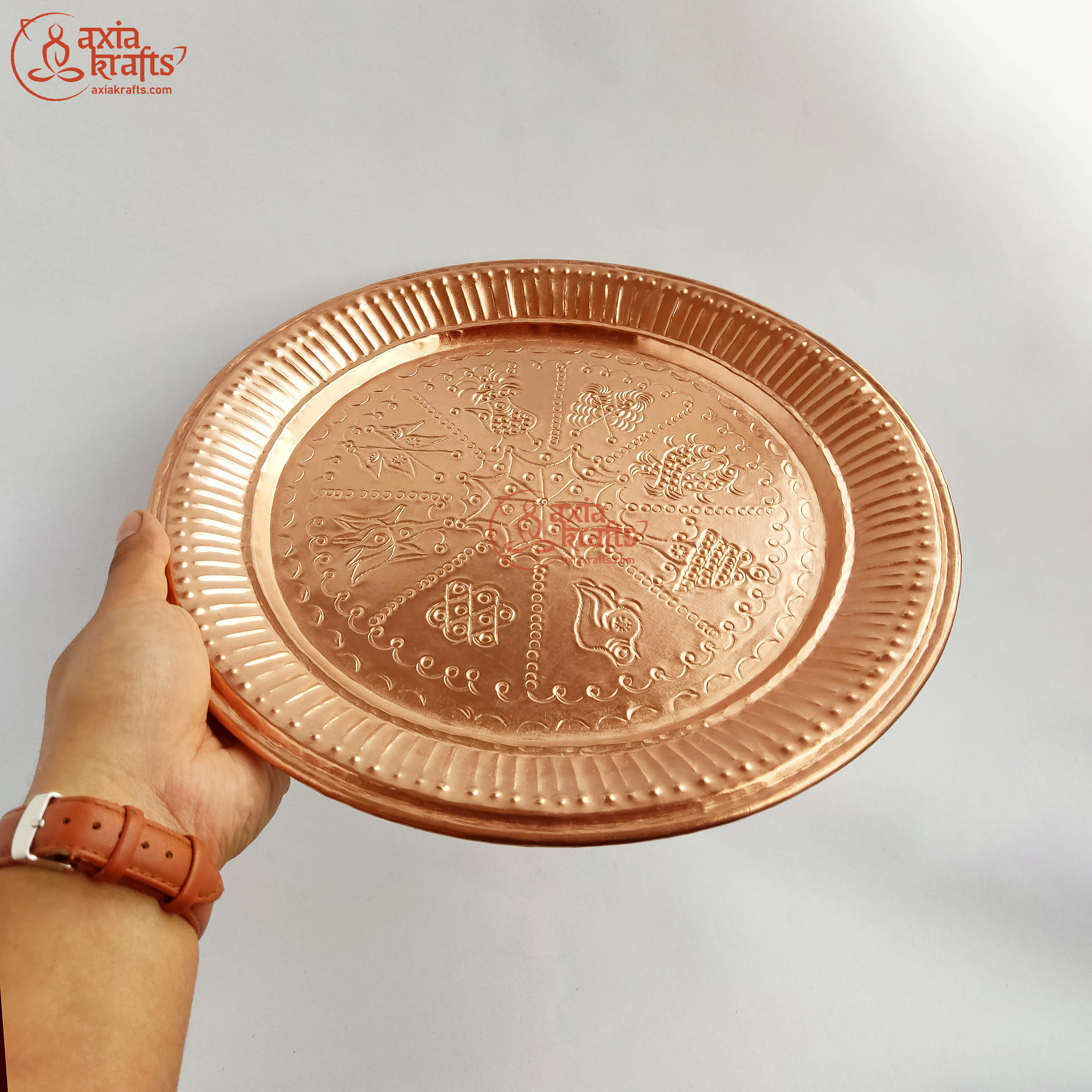 Axia Krafts Copper Thaali Astamandal 12inches Tama Thali | Puja Tray