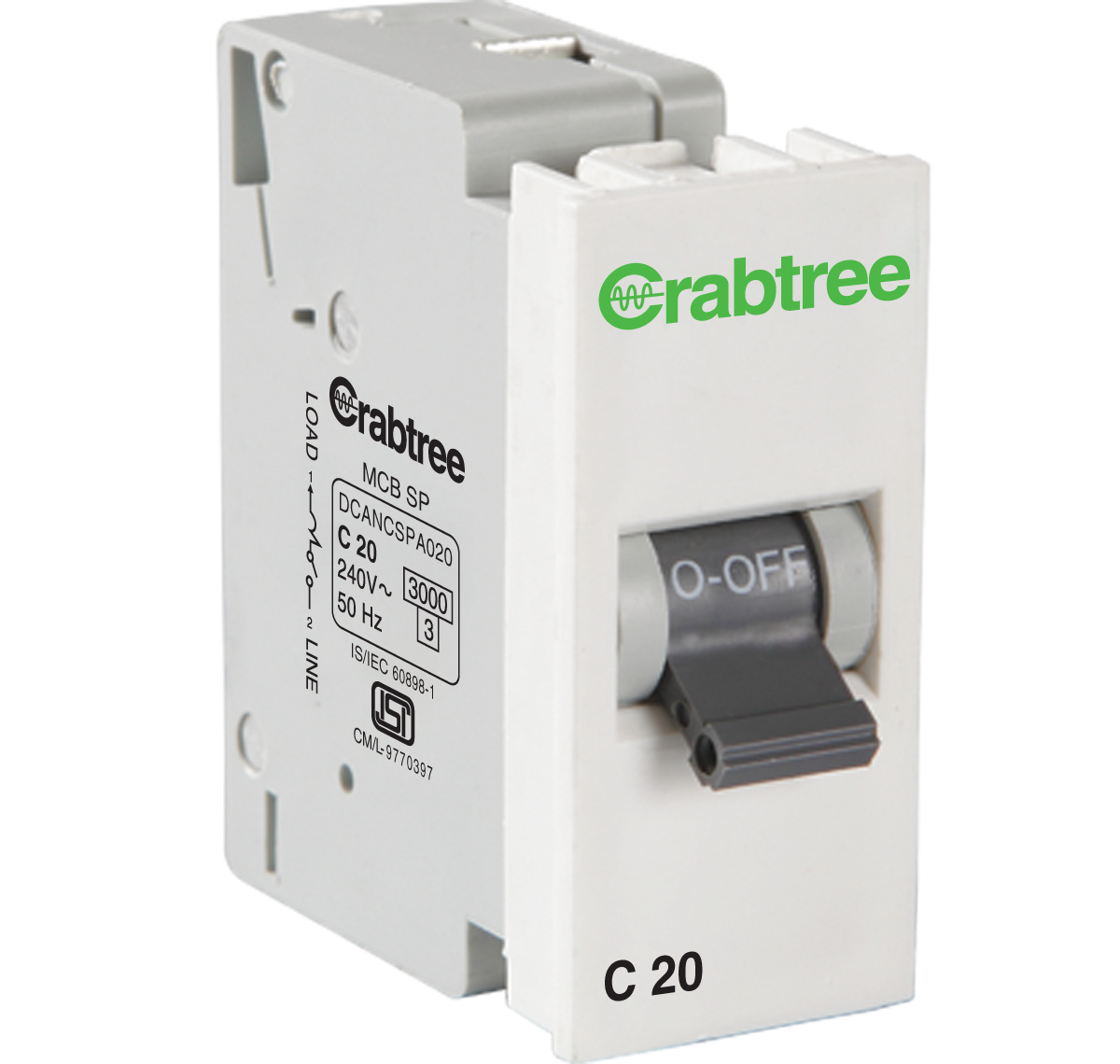 Crabtree Athena C Series 20A Single Pole White Mini MCB, DCANCSPA020