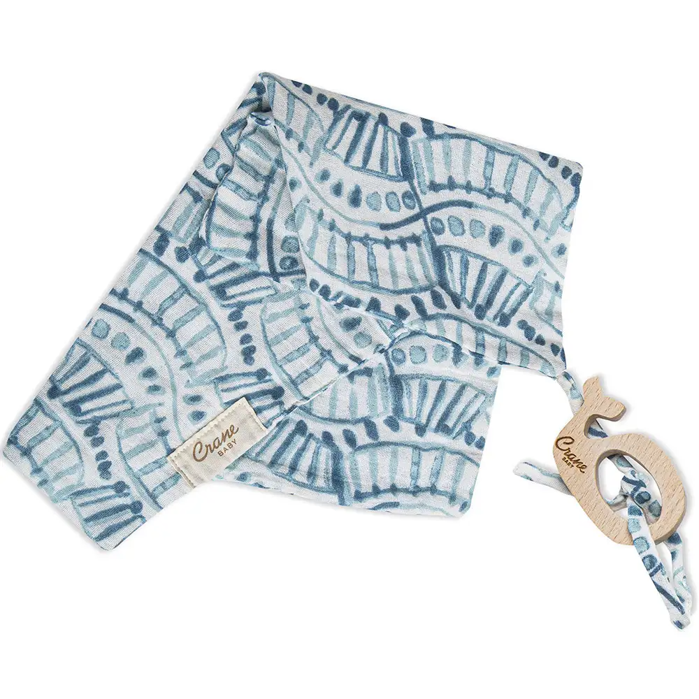 Crane BC-130TH Whale Wooden Teether & Muslin Indigo Print Security Blanket