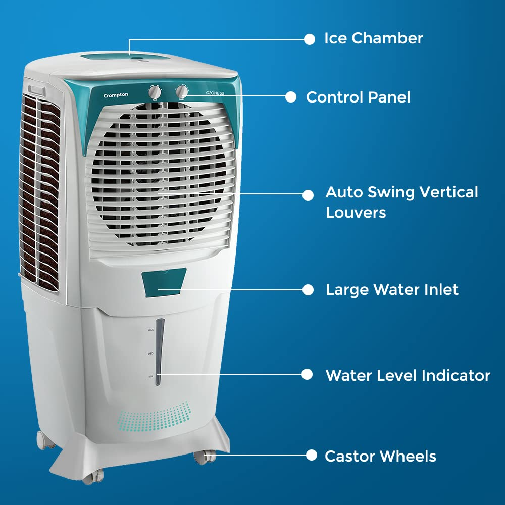 Crompton Ozone 55-Litre Inverter Compatible Desert Air Cooler with Honeycomb Pads for Home and Commercial (White and Teal)