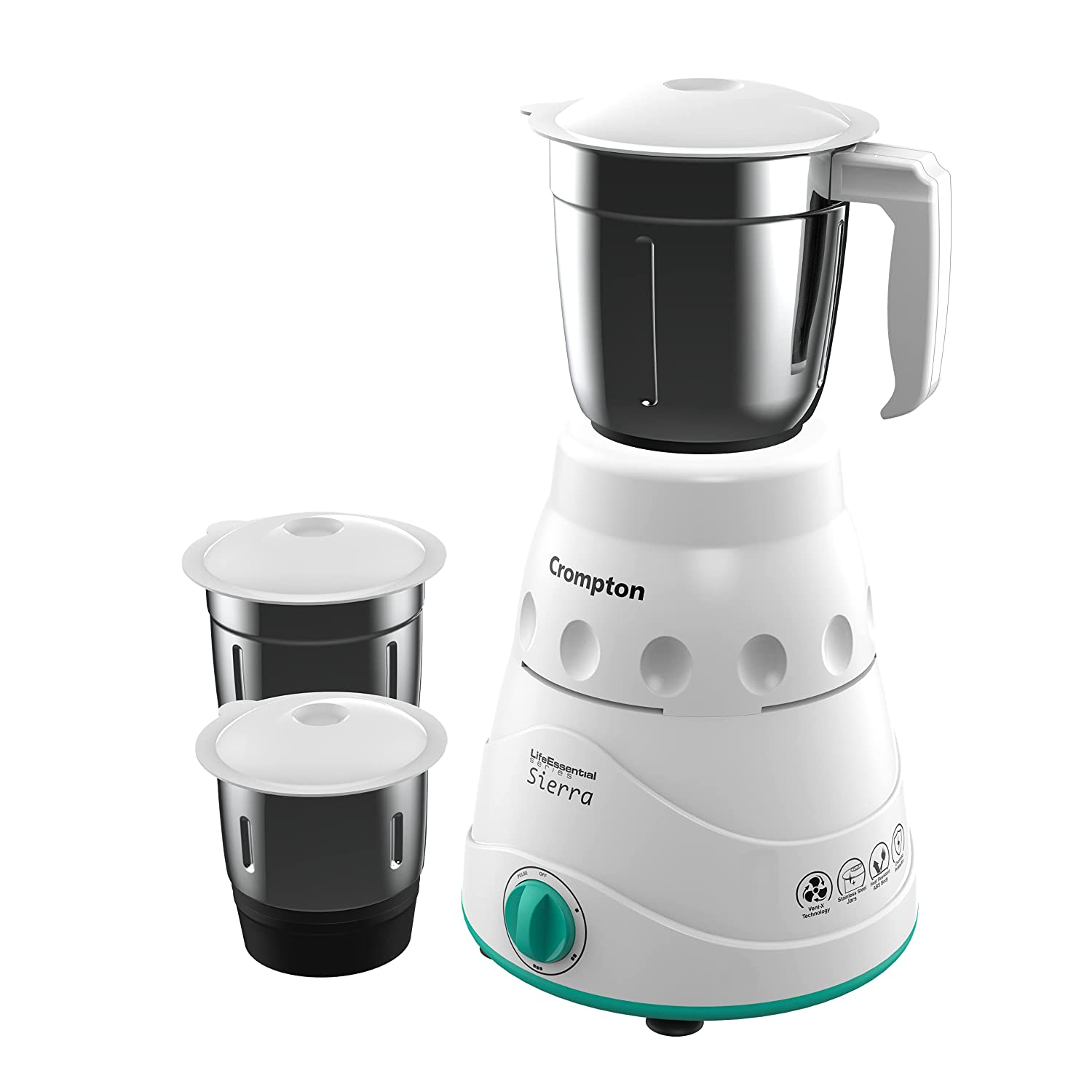 Crompton Sierra 500-Watt Mixer Grinder with Motor Vent-X Technology (3 Stainless Steel Jars, White)