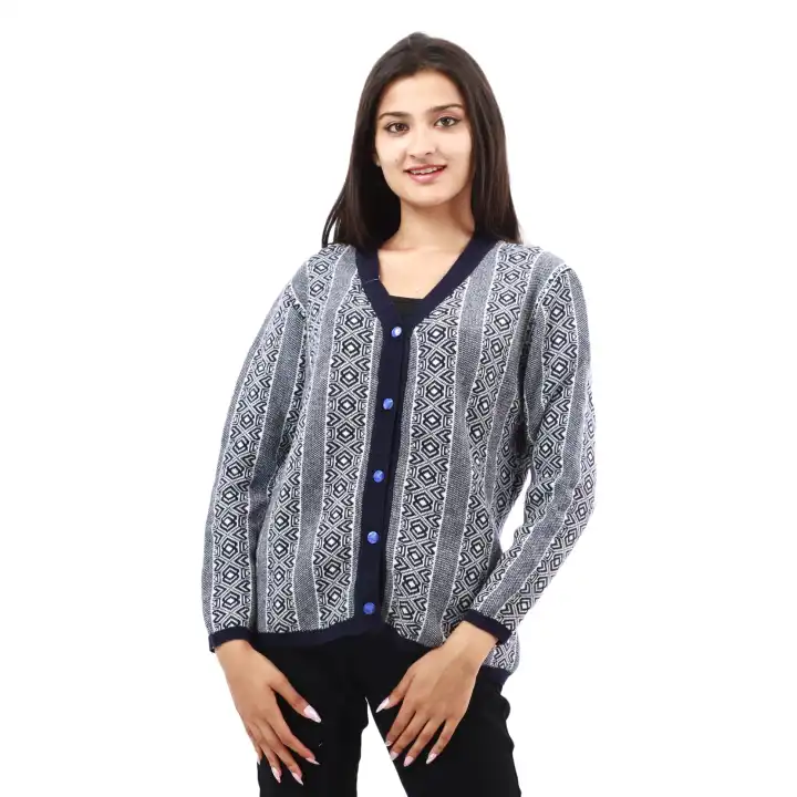 Blue Woolen Full Sleeve Front Button Design Sweater For Women