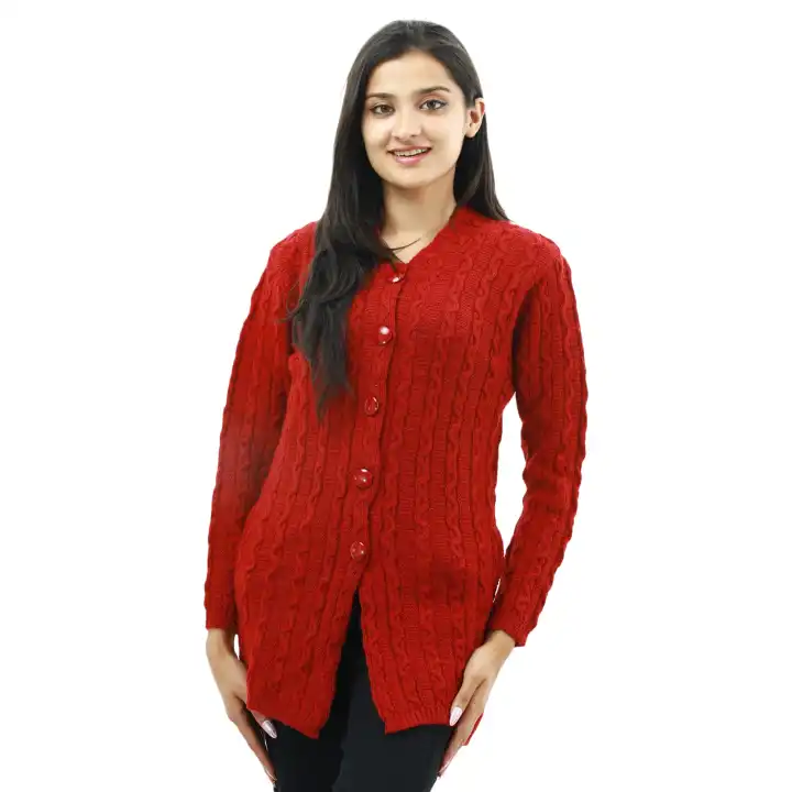 Red Woolen Full Sleeve Front Button Design Sweater For Women
