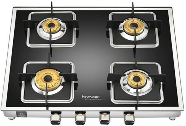 Hindware Dario 4 burner Glasstop Slimmest Mirror Finish Gas Stove Glass Manual Gas Stove  (4 Burners)
