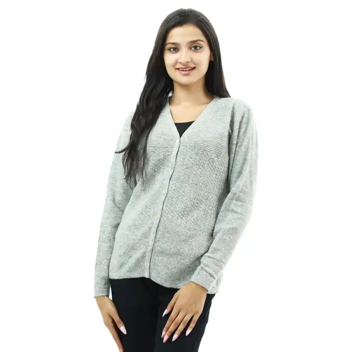 Grey V-neck Full Sleeve Front Button Design Sweater For Women