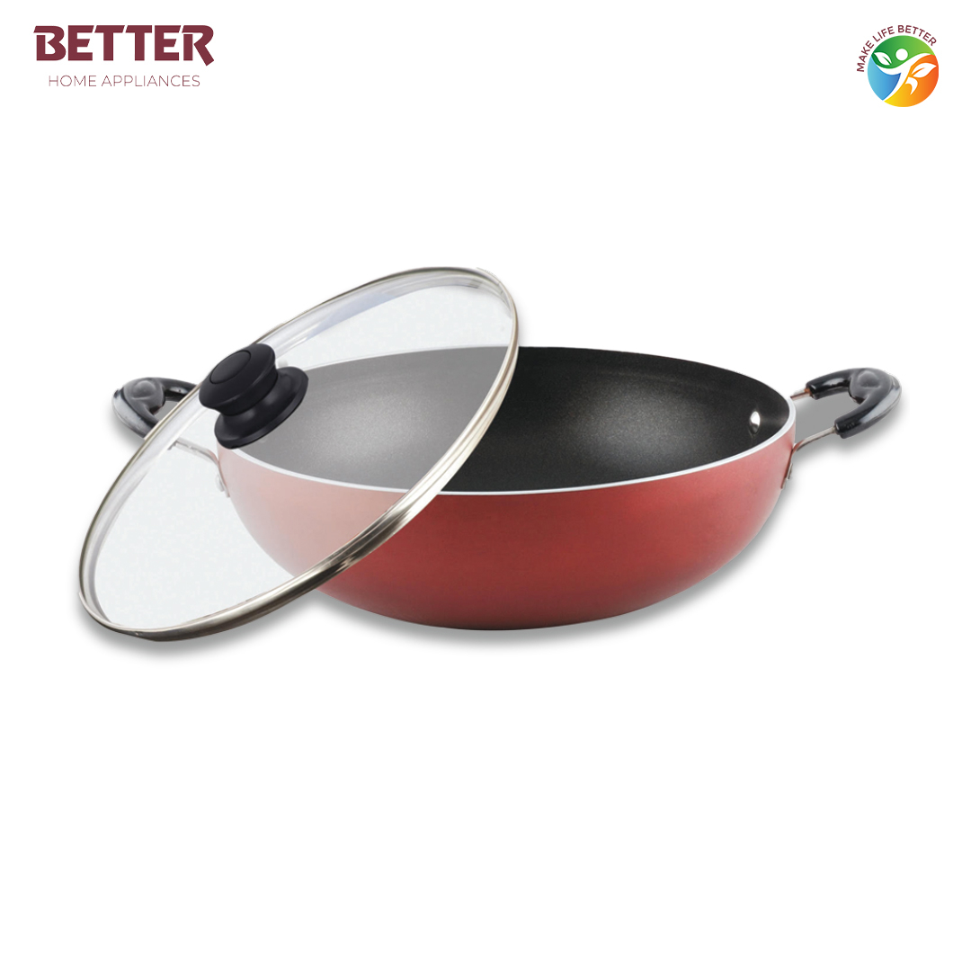Better Deep Non-Stick Kadhai with 2-Way Non-Stick Coating (Induction and Gas Stove Compatible) with Bakelite Handle and Glass Lid (22 - 28cm)