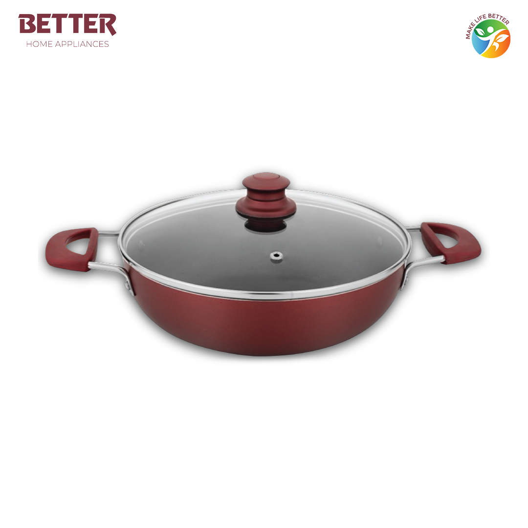 Better Deep Non-Stick Kadhai Silica Series with 2-Way Non-Stick Coating (22 -28 cm) (Induction and Gas Stove Compatible) with Silicon Handle and Glass Lid