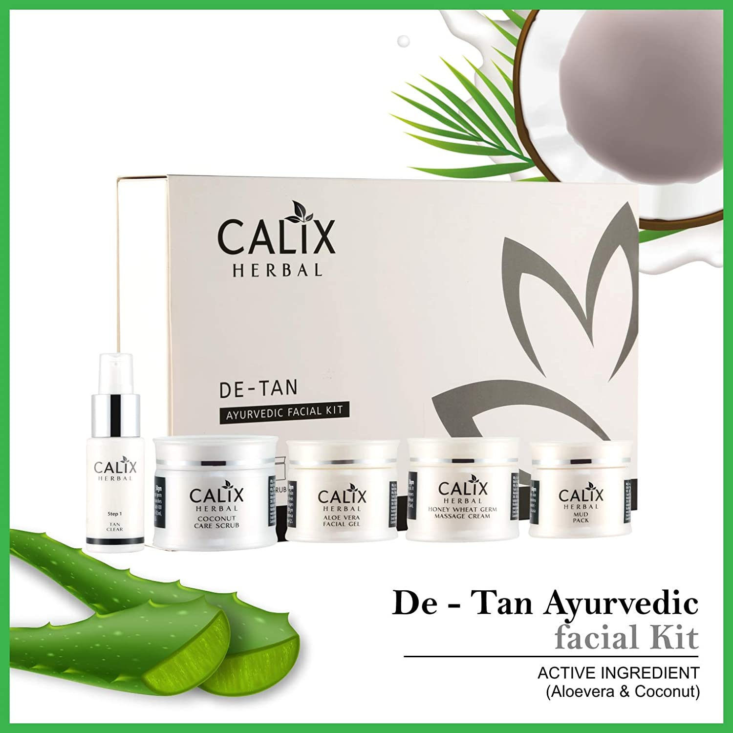 Calix Herbal De Tan Ayurvedic Facial Kit Infused with Wheat Germ Oil and Date Extracts for Skin Brightening, Lightening and Even Tone, 260g