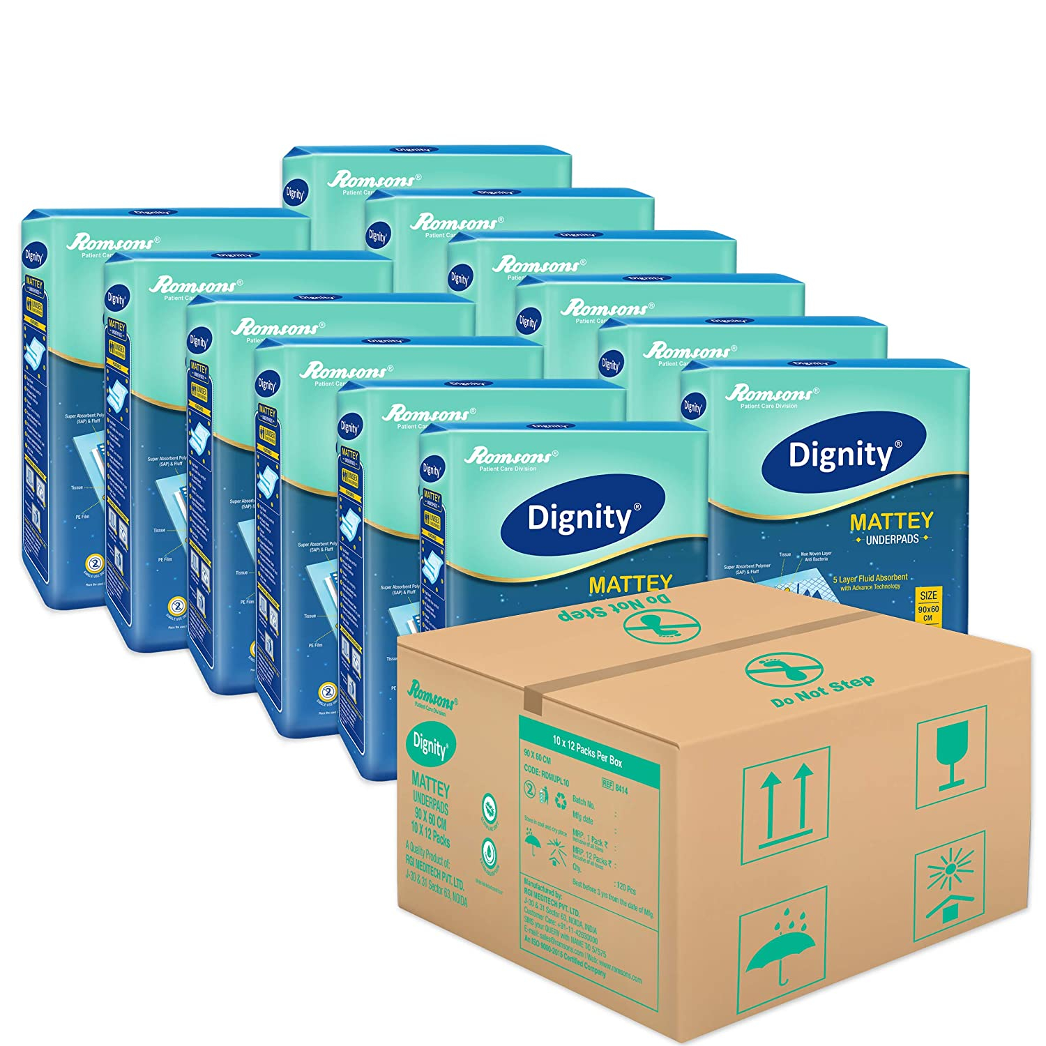 Romsons  Dignity Mattey Disposable Underpads, 60x90 cm, 10 Pcs Pack / Cartoon 12 Pack