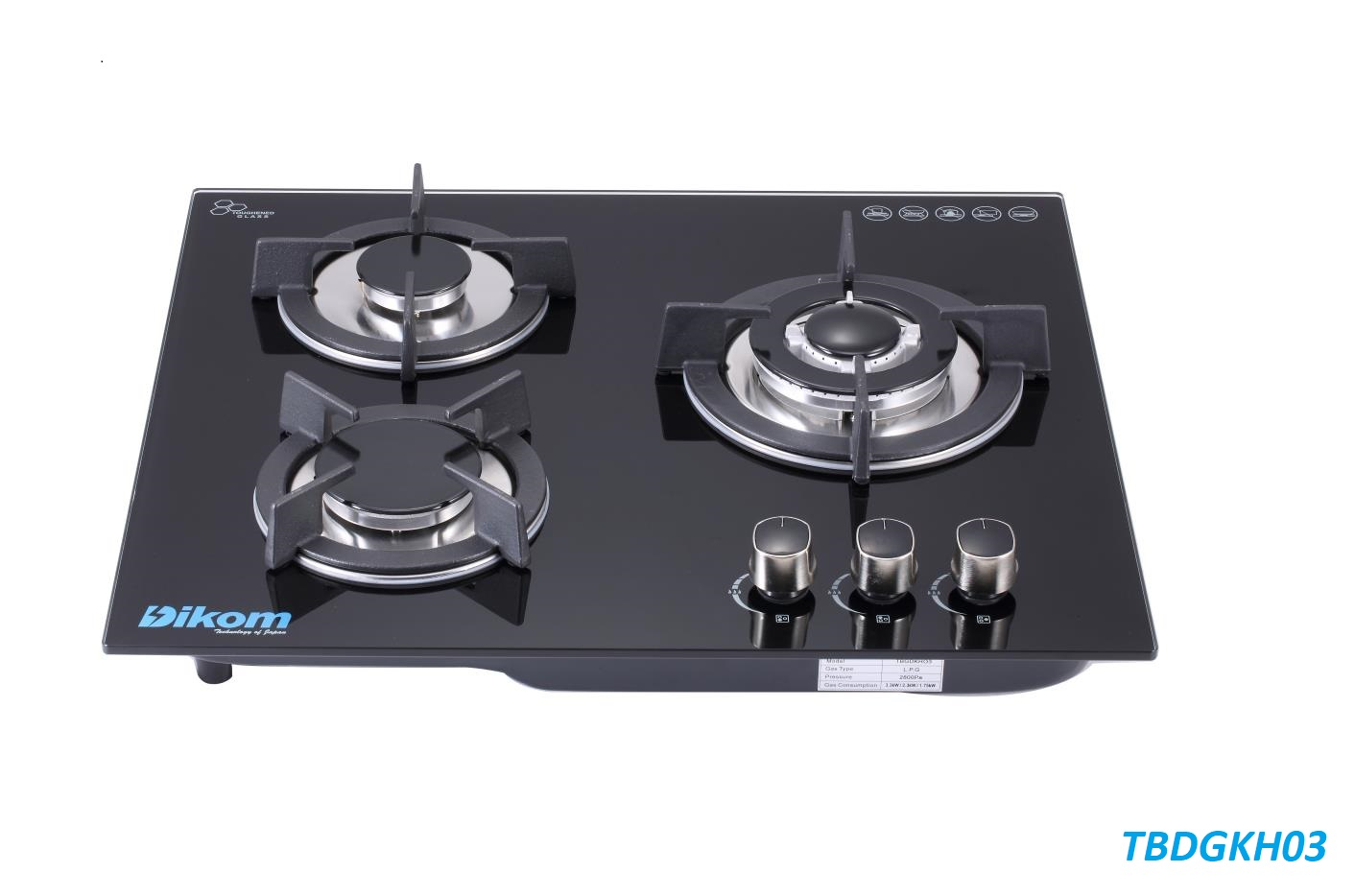 Dikom Temper Glass 3 burner Gas Hob Auto Ignition TBGDKH03) Black