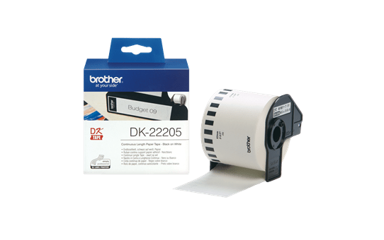 Brother DK-22205 Continuous Paper Label Roll – Black on White, 62mm wide