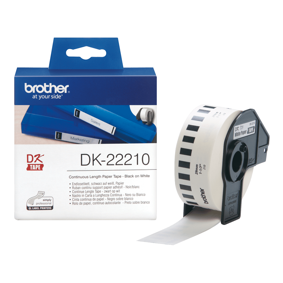 Brother DK-22210 Continuous Paper Label Roll – Black on White, 29mm wide