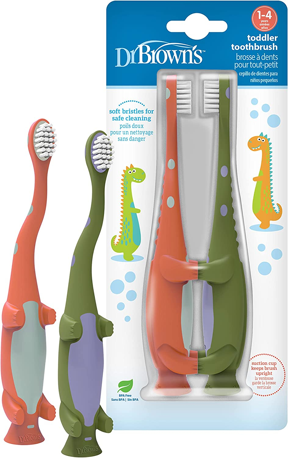 Dr. Brown's Hg089 Toddler Toothbrush, Dinosaur Green and Orange, 2-Pack 