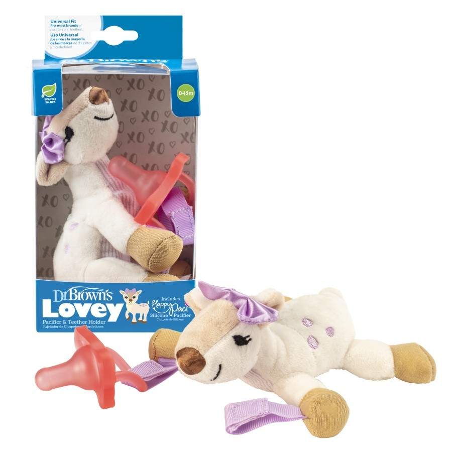 Dr. Brown’s AC158-p6 Lovey Pacifier and Teether Holder, 0m+, Deer With Pink Pacifier