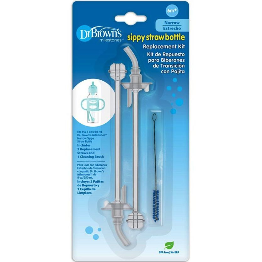 Dr Brown's 8oz/250mL Narrow Sippy Straw Bottle Replacement Straw, Clear, 2-Pack SR213