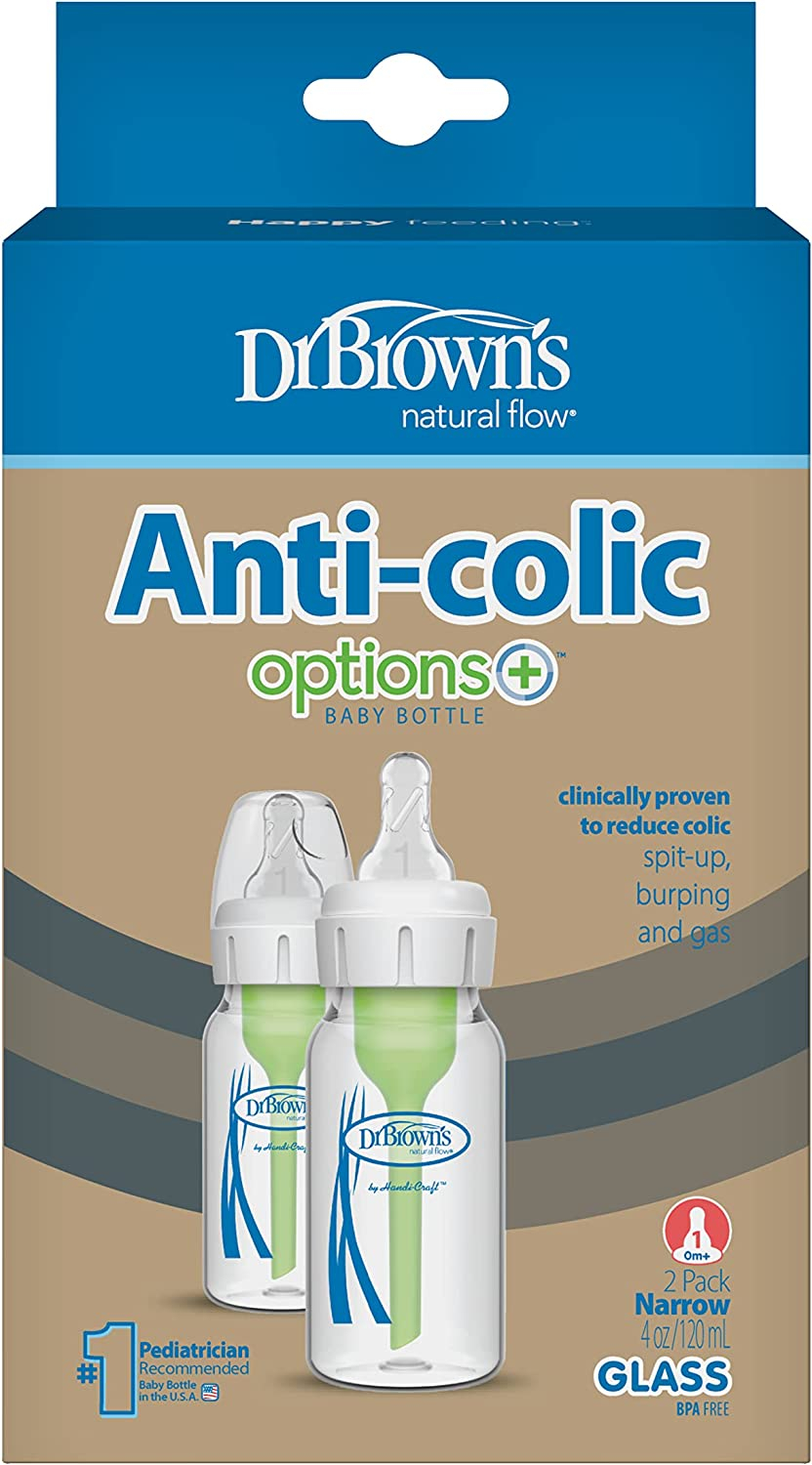 Dr. Brown's Options and Glass Feeding Bottle with Level 1 Teat 2 Pack, 120 ml Capacity, White SB42003-P2