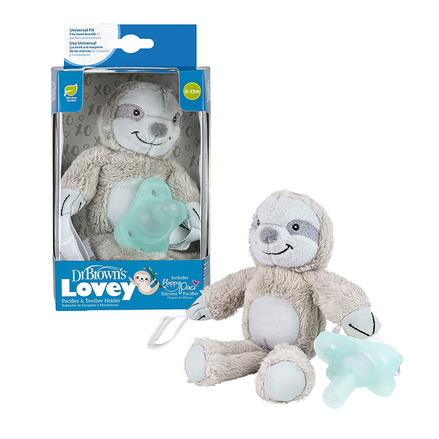 Dr. Brown’s™ Lovey Pacifier and Teether Holder, 0-6m, Sloth With Teal Pacifier AC211