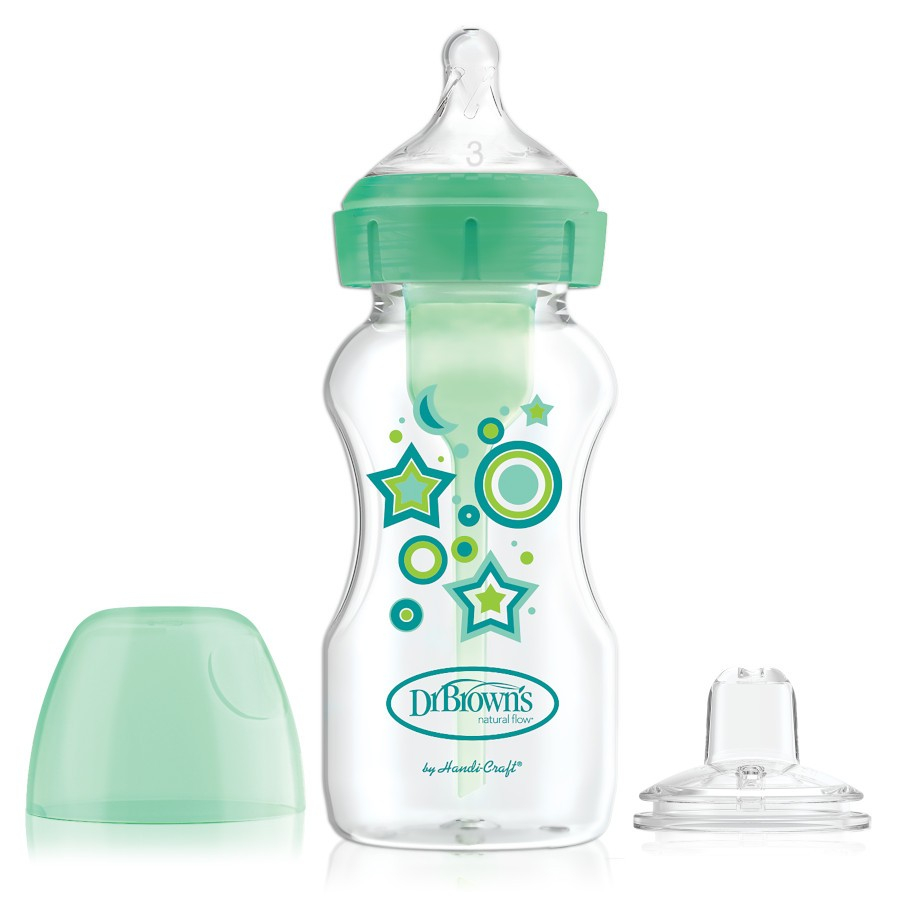 Dr Brown's WB91604-P3 9 oz/270 ml Options+ Wide-Neck Deco Bottle W/ Sippy Spout (+L3 Nipple In Bottle)