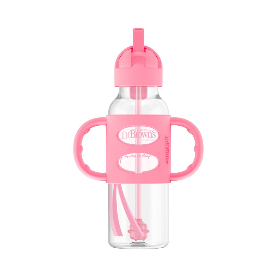 Dr. Brown 8oz/250ml PP N Sippy Straw Bottles w/ Silicone Handles, Pink, SB81101