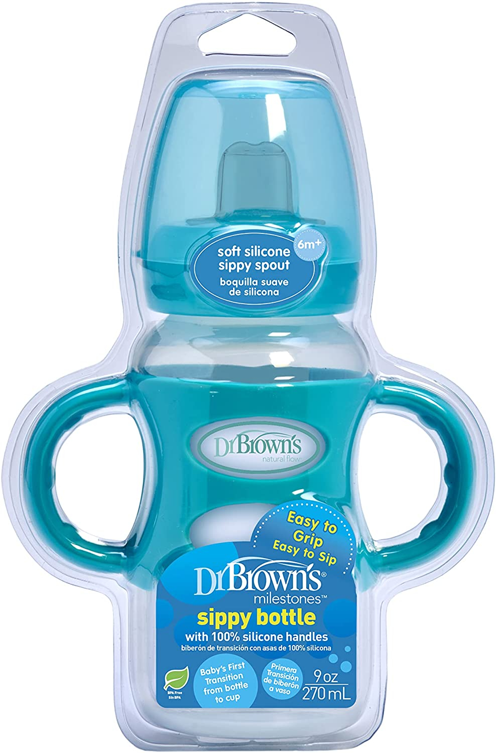 Dr. Brown’s WB91004-P3 Options+ Wide-Neck Bottle With Sippy Spout and Silicone Handle, 9oz Turquoise