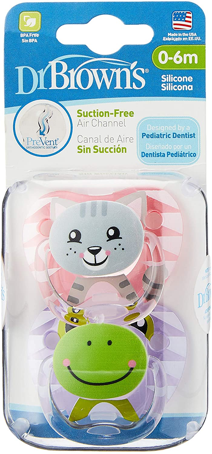 Dr Brown's PV12014-ES Prevent Printed Shield Pacifier - Stage 1 * 0-6M - Girl Animal Faces (Cat and Frog), 2-Pack