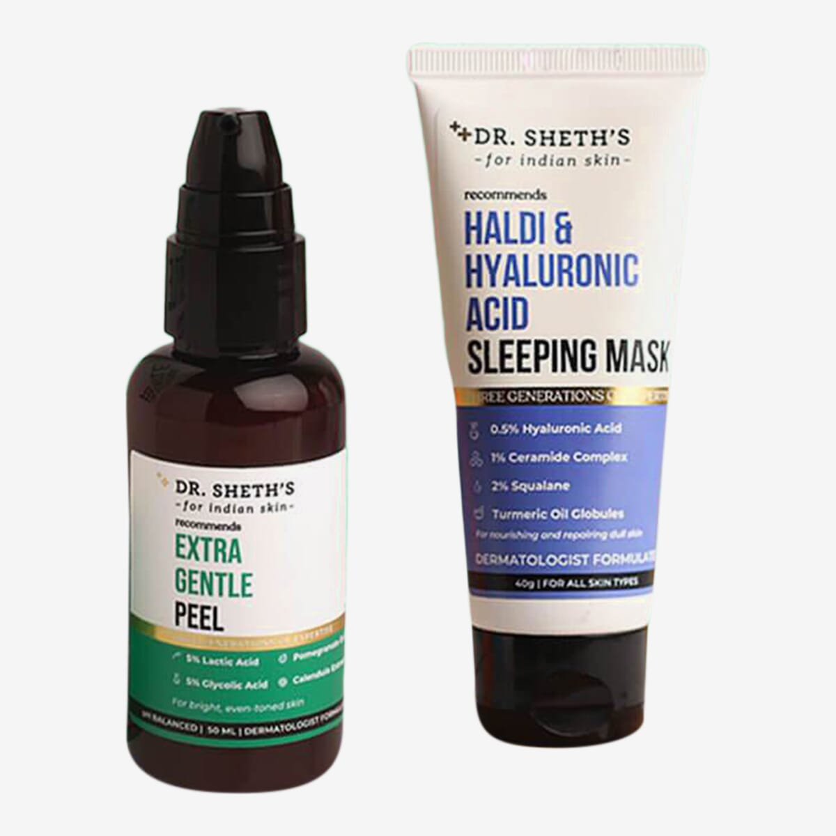 Dr. Sheth’s Glow Combo (Extra Gentle Peel - 50 ml & Haldi and Hyaluronic Acid Sleeping Mask - 40 gm)