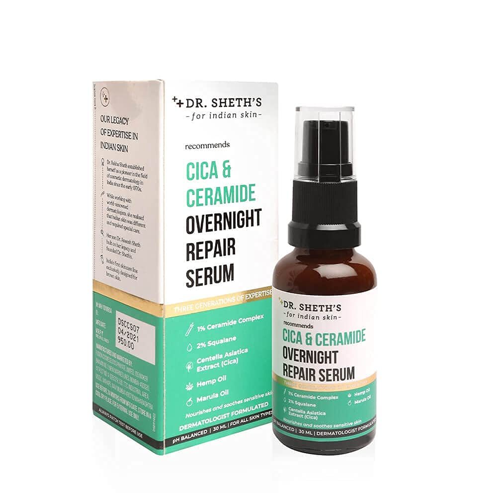 Dr. Sheth's Cica & Ceramide Overnight Repair Face Serum For Glowing Skin | Repairs Skin With 2% Squalane, Marula Oil, 1% Ceramide Complex & Centella Extract Face Serum For All Skin Types -30ml