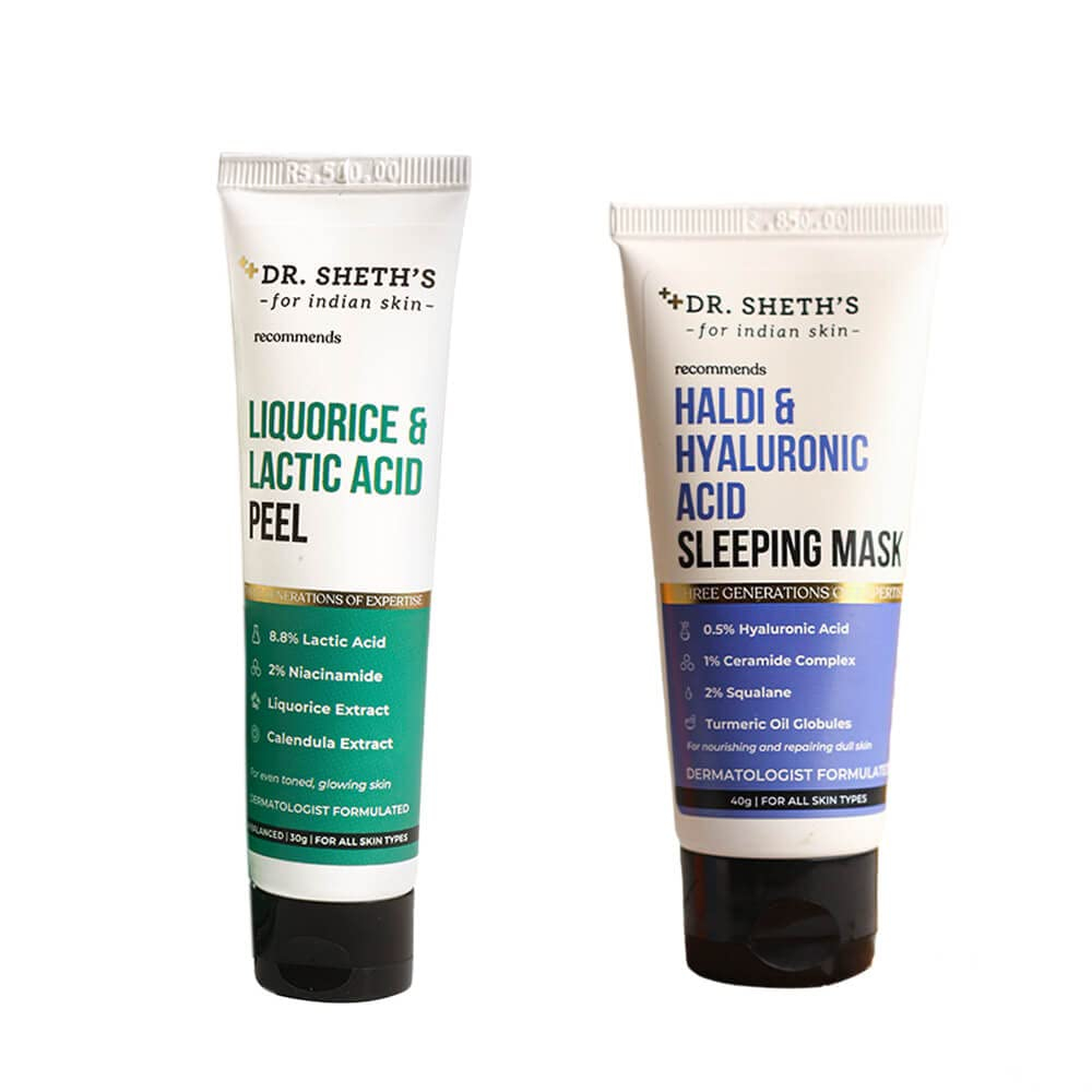 Dr. Sheth’s Exfoliate & Glow Combo (Liquorice & Lactic Acid Peel – 30 gm & Haldi & Hyaluronic Acid Sleeping Mask – 40 gm)