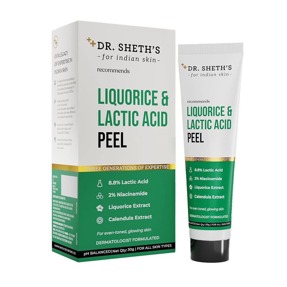 Dr. Sheth's Liquorice & 8.8% Lactic Acid (AHA) Chemical Peel For Even-Toned, Glowing Skin with 2% Niacinamide, Calendula Extract | AHA Peeling Solution for Face, Chemical Exfoliator | For Women & Men -30g