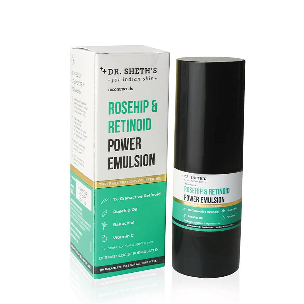 Dr. Sheth's Rosehip & Retinoid Emulsion For Anti Ageing, Anti Acne (All Skin) With 1% Retinoid, Bakuchiol, Hyaluronic Acid & Vitamin C Cream |For Women & Men -15g