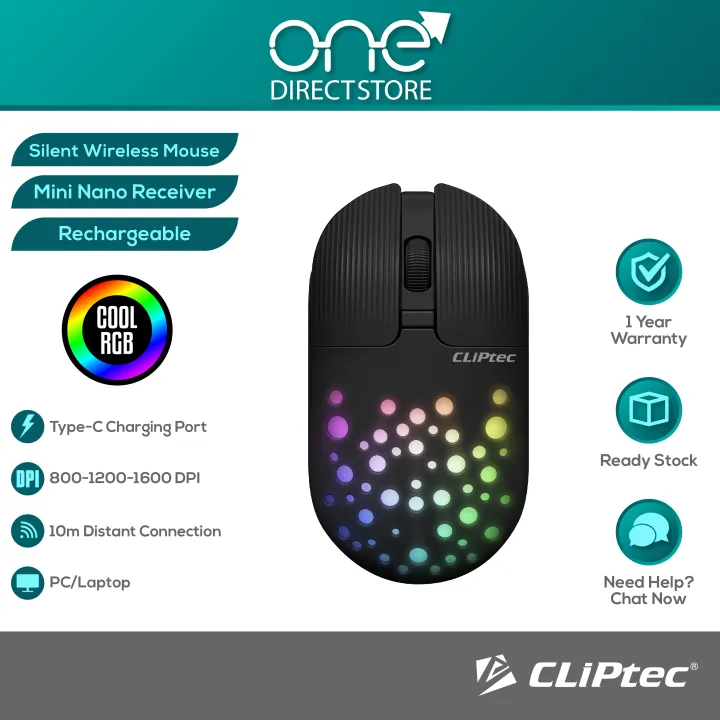 Cliptec Ion-Energy 2.4Ghz 1600dpi Illuminated Rechargeable Silent Wireless Mouse RZS625