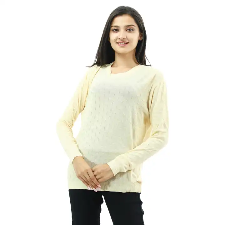 Off White Woolen Round Neck Full Sleeve T-shirt For Women