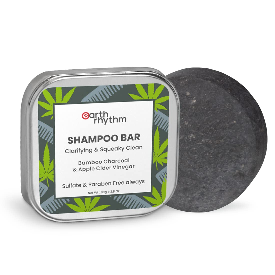 Earth Rhythm Hemp & Charcoal Clarifying Shampoo Bar (Tin Box) | Anti Hairfall & Hair Strengthening | Sulfate & Paraben Free - 80 gm