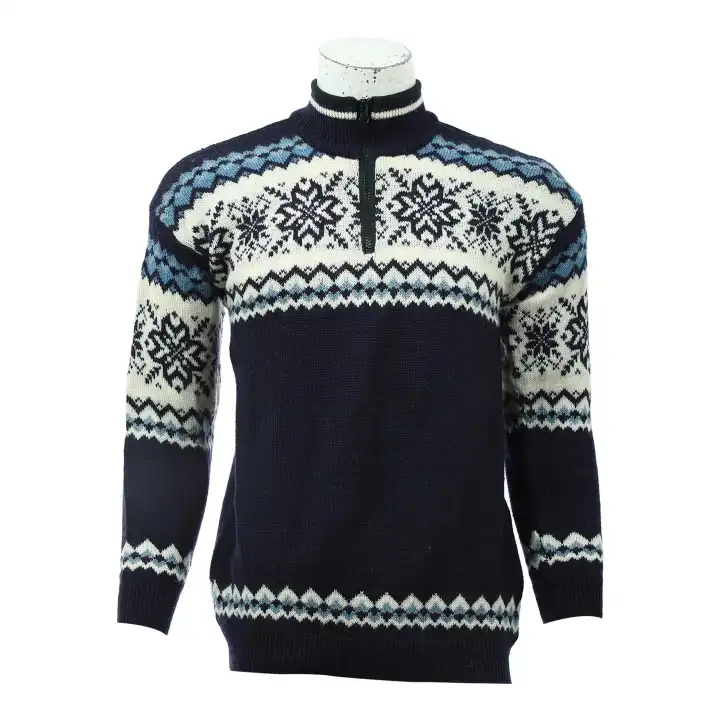 Blue Woolen Full Sleeve Front Zippered Design Sweater For Men