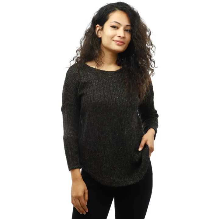 Black Woolen Round Neck Full Sleeve T-shirt For Women