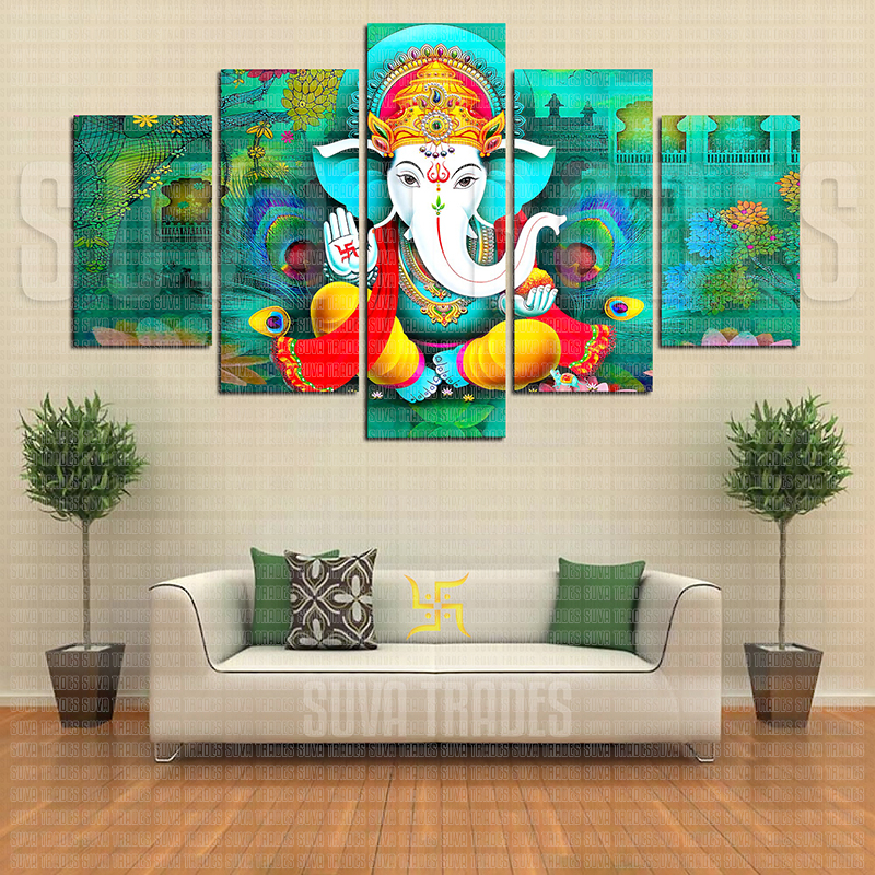  5 Panel Lord Ganesh H1 God Wall Hang Canvas Print With Wooden Frame by Suva Trades