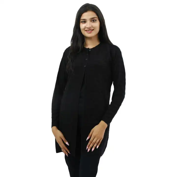 Black Woolen Full Sleeve Front Button Design Sweater For Women