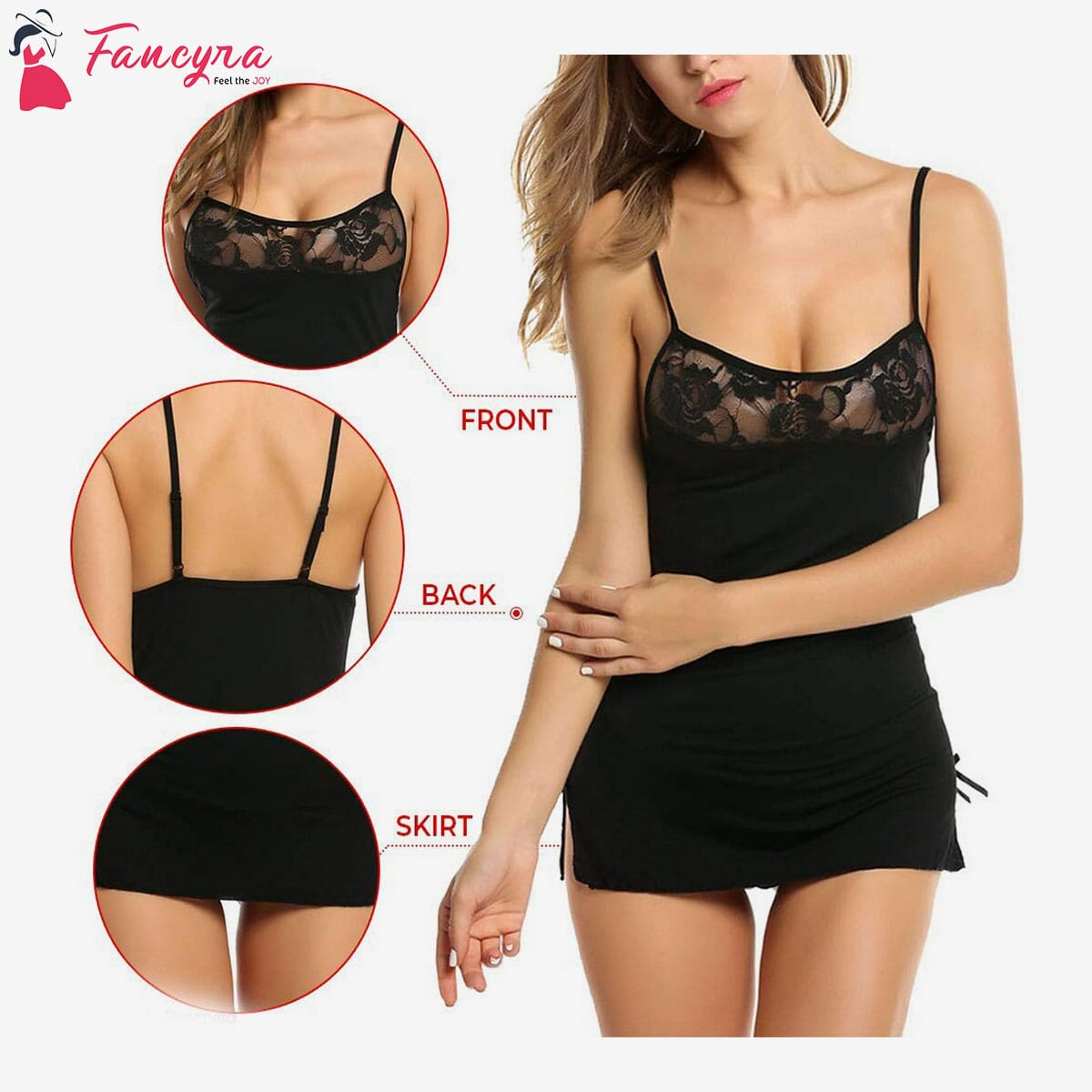 Fancyra - Women Sexy Nightwear Dress Plain Lingerie Above Knee Babydoll Sleepwear with G String Panty Free Size Black